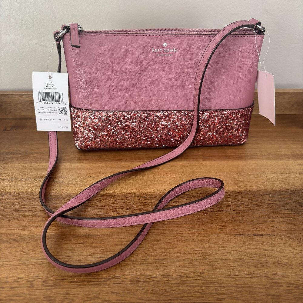 Kate Spade Ramey Dusty Peon Pink Saffiano Leather Pink Sparkle Crossbody New